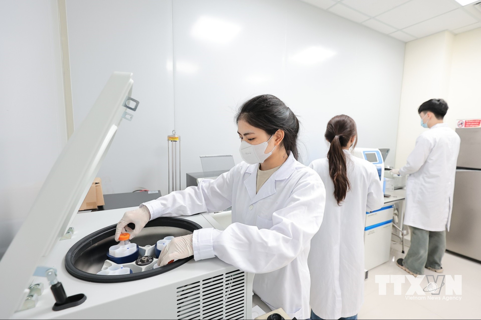 Giảng viên cùng sinh viên Khoa Thú y triển khai các thí nghiệm, phân tích mẫu trong phòng thí nghiệm chuyên sâu, phục vụ nghiên cứu, đào tạo và nâng cao kỹ năng thực hành. (Ảnh: Lê Đông/TTXVN)